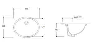 Овална мивка за вграждане под плот за баня с преливник 